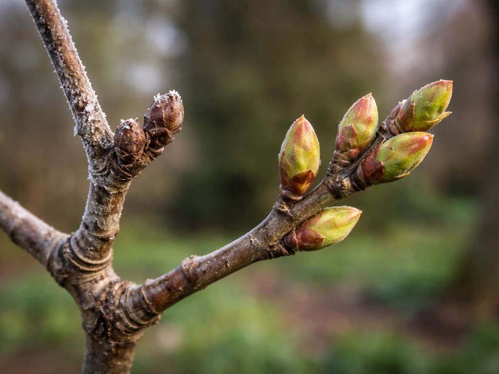Frosted walnut branch beside a nearby branch with fresh spring buds, showing dormancy vs bud break.