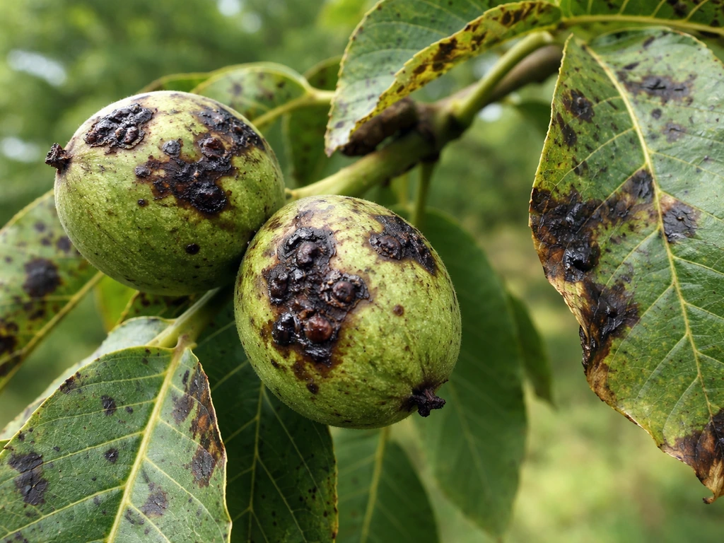 Close-up of walnut leaves and developing nuts with dark lesions showing walnut blight damage.