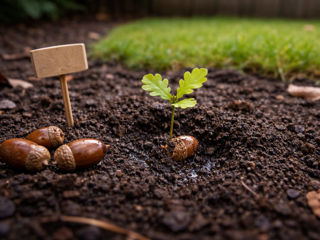 Young oak seedling sprouting from a planted acorn in an Australian backyard soil bed with nearby acorns.