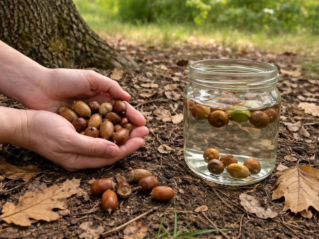 Hands collecting oak acorns while a clear container of water tests which acorns float
