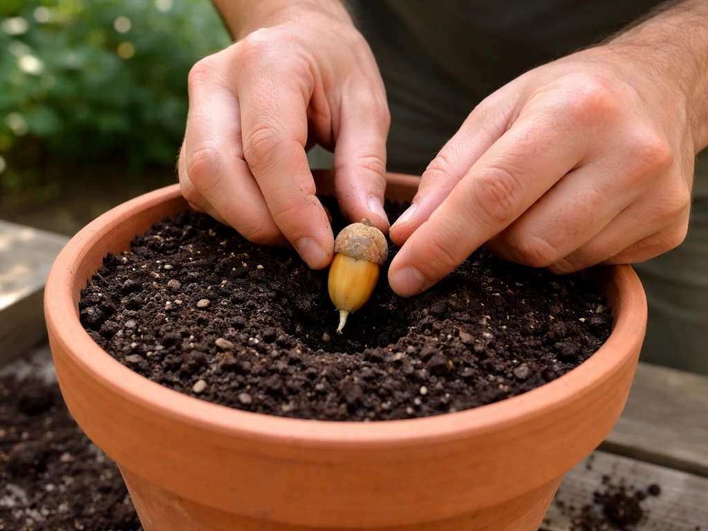 Hands planting a stratified acorn with root tip into a deep pot on a garden bench.