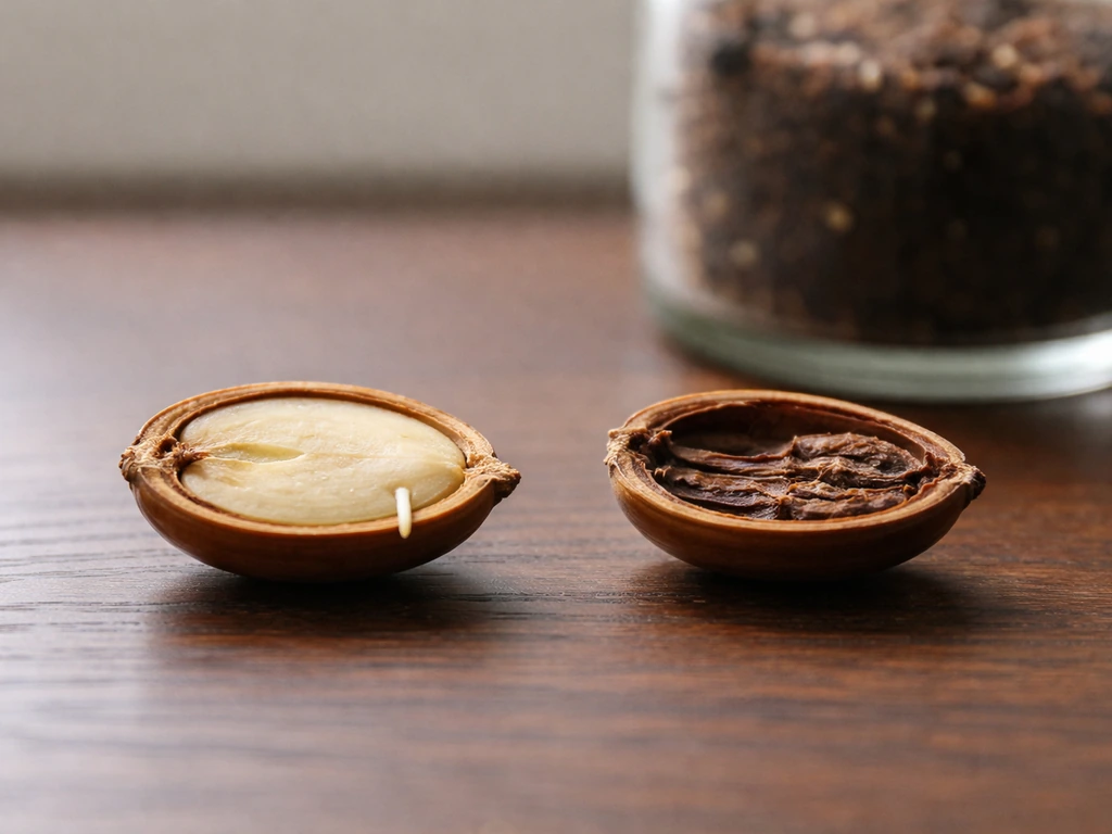 Two acorns side by side—one swollen with a tiny root tip, the other dry with none—on dark wood.