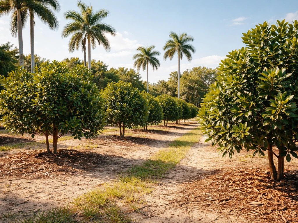 Macadamia orchard trees in a sunny Florida-like landscape with palms in the distance.