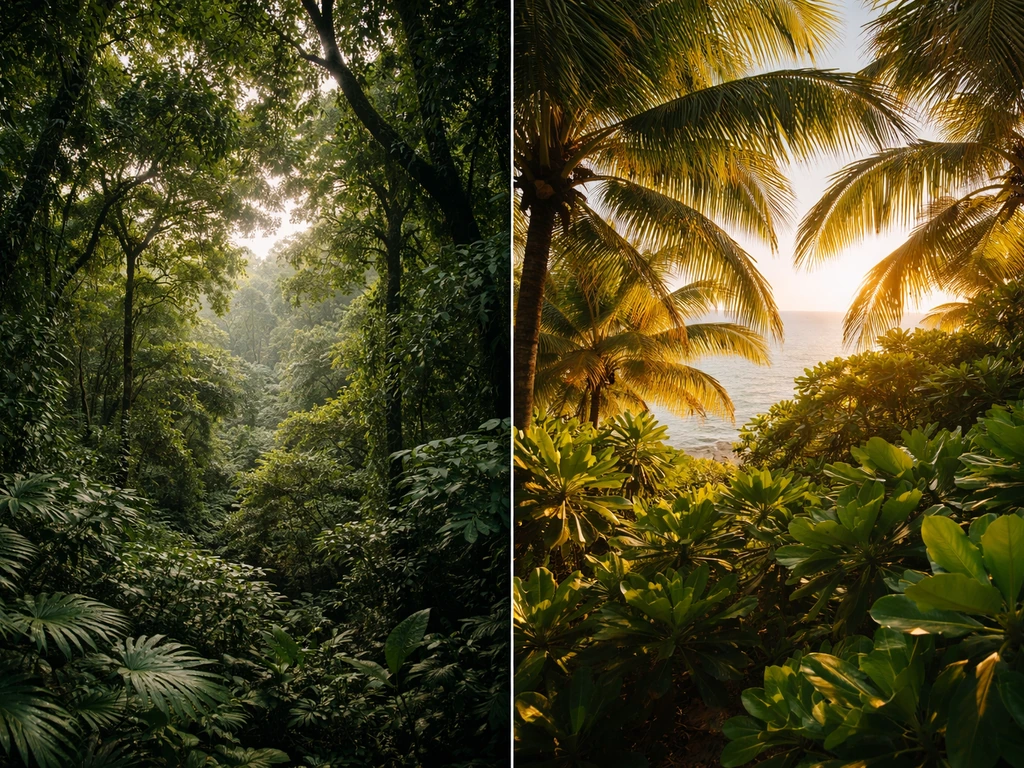 Split-screen scene showing lush subtropical rainforest canopy beside sunlit coastal vegetation resembling Florida.