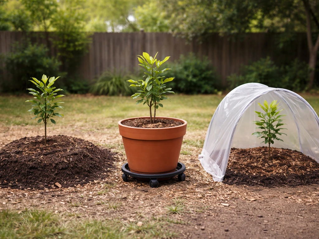 Three macadamia setups side by side: raised bed, large mobile pot, and a small sheltered hoop cover.