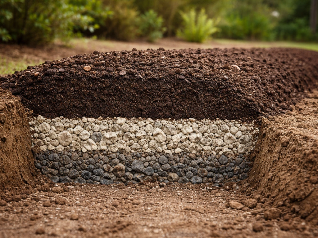 Raised berm planting bed with coarse drainage layers and dark, well-prepped soil in a simple outdoor setting.