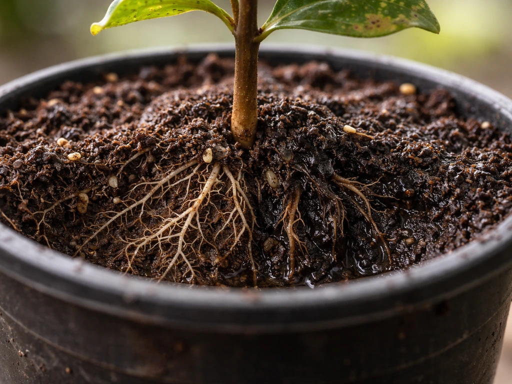 Close-up of a macadamia seedling root zone with damp soil, showing healthy roots and early root rot signs.