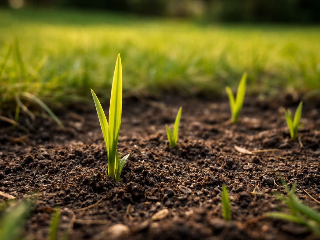 Sunlit early-season lawn soil with emerging yellow nutsedge shoots (Cyperus esculentus).