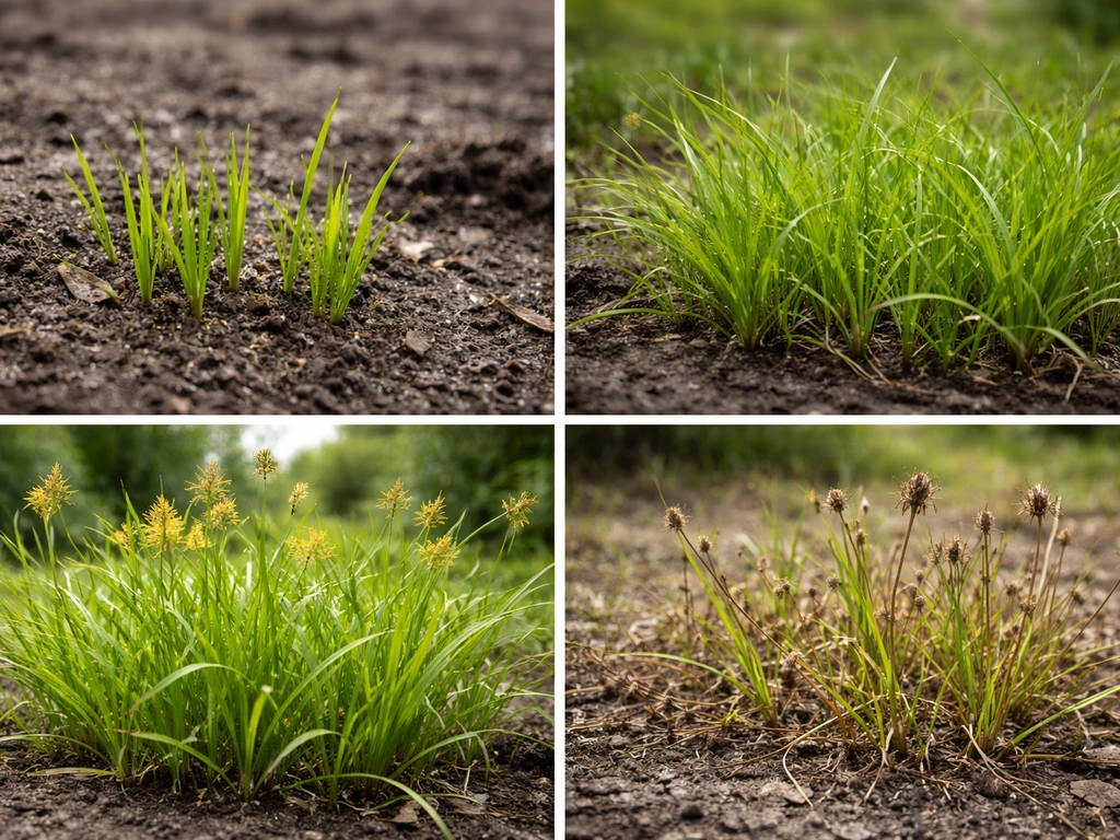 Four-panel photo montage of yellow nutsedge: spring shoots, summer flowering, and late-summer seed heads.