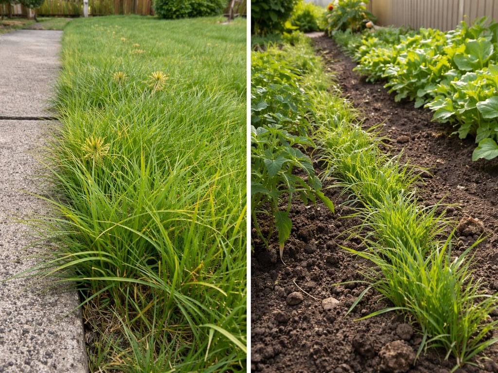Close view of yellow nutsedge-like weeds edging a lawn beside a vegetable garden row in a backyard.