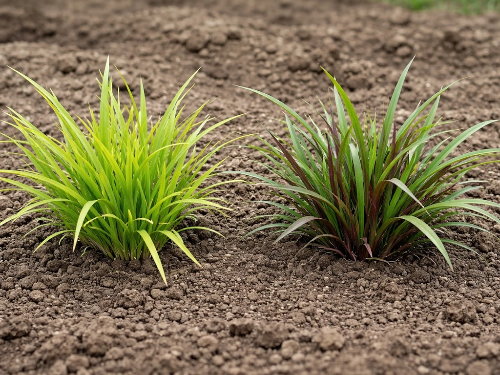Two nutsedge clumps side by side—yellow-green leaves vs darker, purplish-stem purple nutsedge.