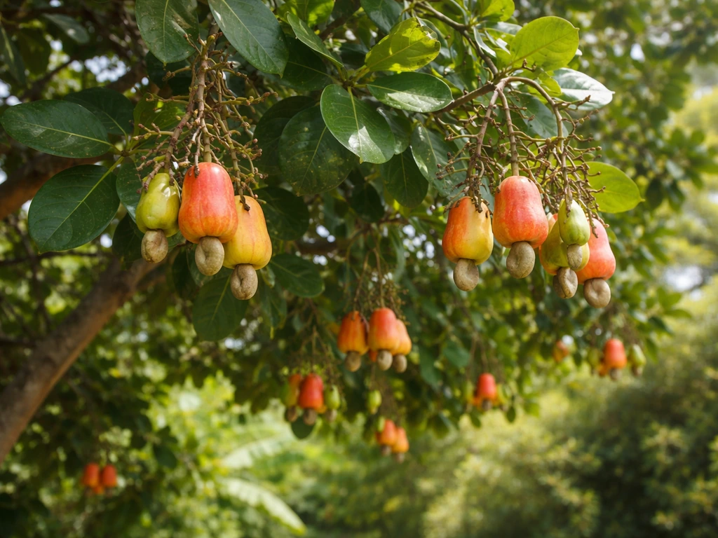 Close, eye-level view of a lush cashew tree with visible cashew fruit hanging from its branches.