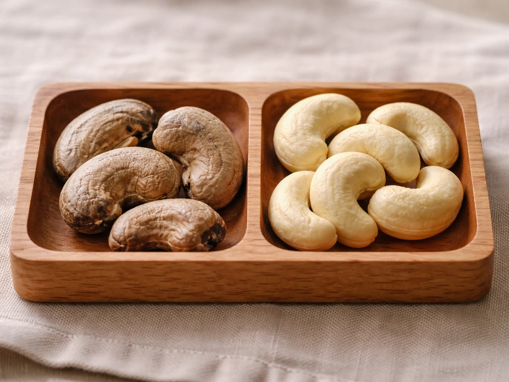 Cashew seeds in-shell and cashew kernels laid side-by-side on a simple tabletop for planting clarity.
