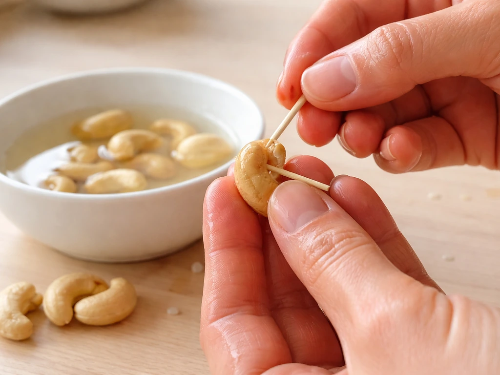 Close-up of hands soaking cashew nuts and using a toothpick to remove fleshy remnant safely.