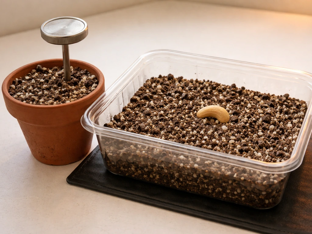 Cashew seed-starting setup: container with coarse sand and perlite mix next to a soil thermometer.