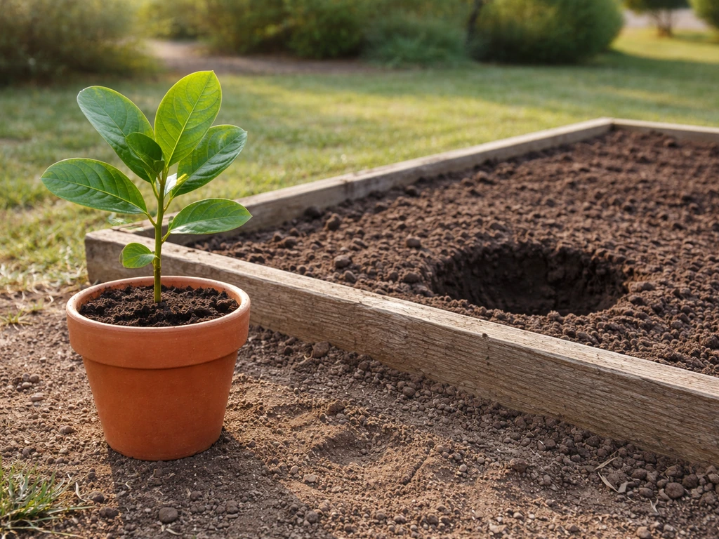 A small cashew seedling in a pot beside a prepared outdoor planting spot/raised bed