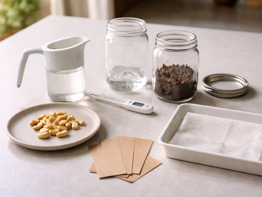 Cashew kernels, glass jars, thermometer, damp potting mix and blank labels laid out for sprouting troubleshooting.