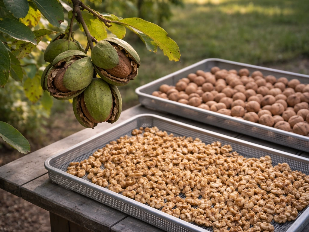 Walnuts with husks splitting on a branch beside washed nuts spread on drying screen trays