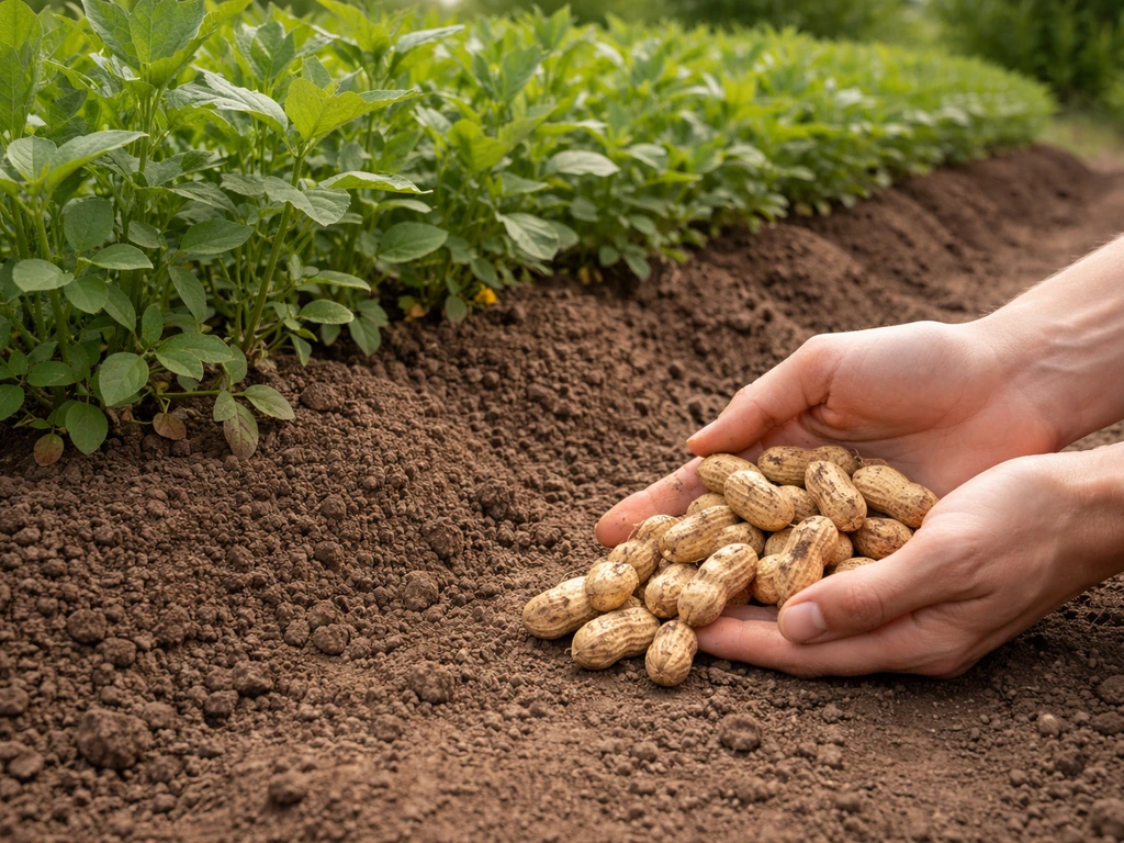 Hands placing freshly harvested peanut pods beside mounded soil with peanut plants in an outdoor garden bed.