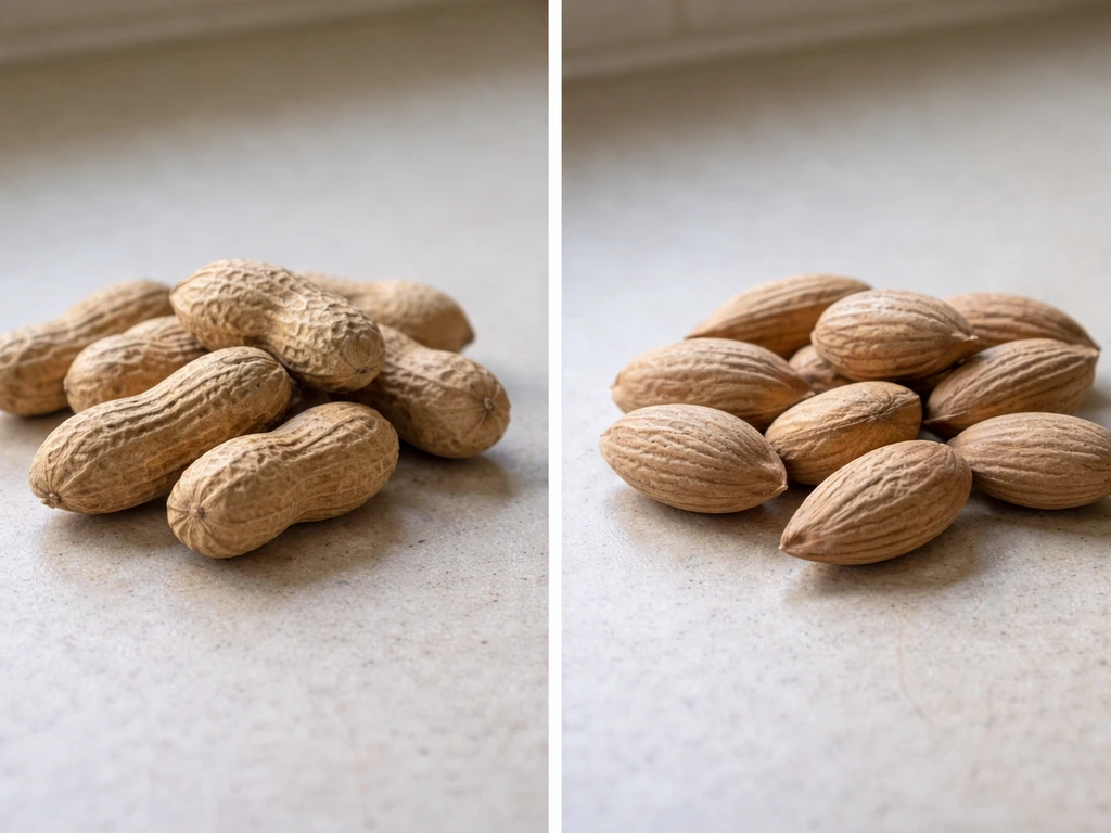 Close-up comparison of raw peanut pods in shells next to a different nut lookalike.