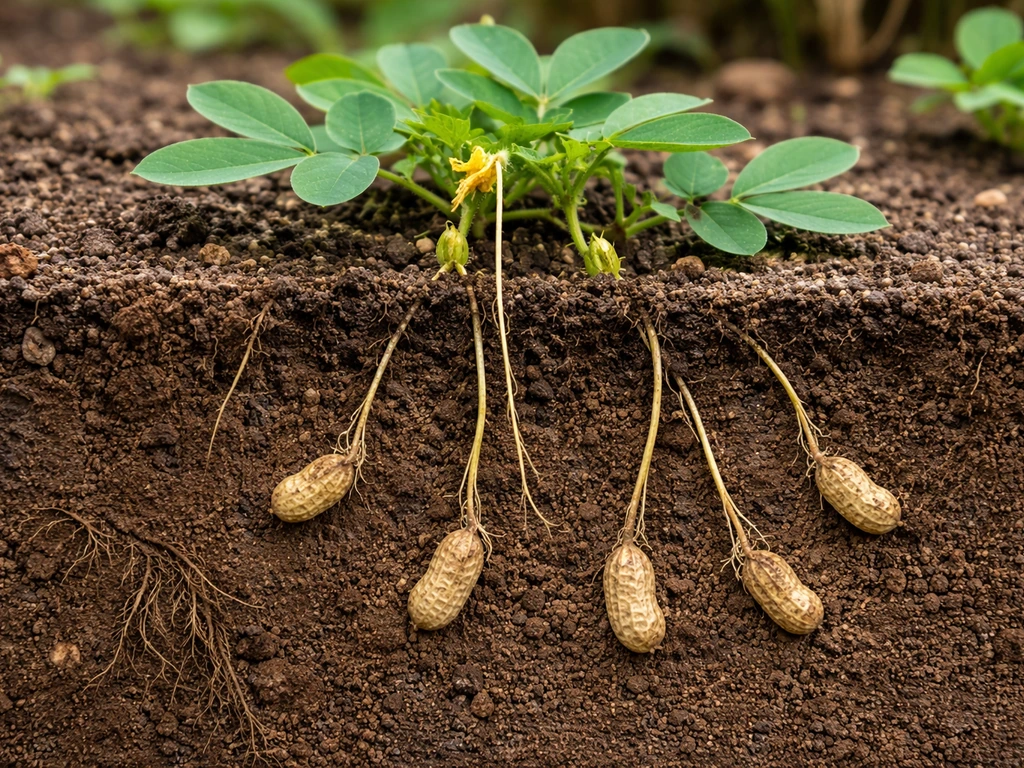 Peanut plant with spent flowers and pegs growing down into soil to form pods underground.