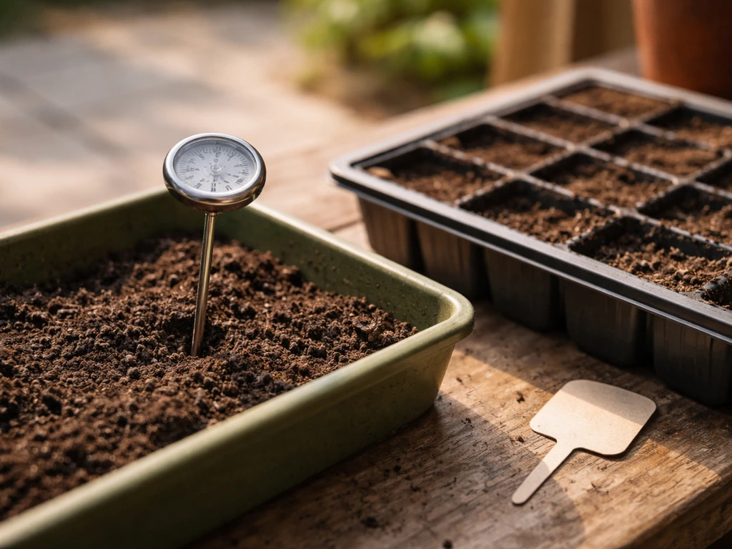 Gardening setup showing warm soil timing: a soil thermometer beside a seed tray on a simple bench.