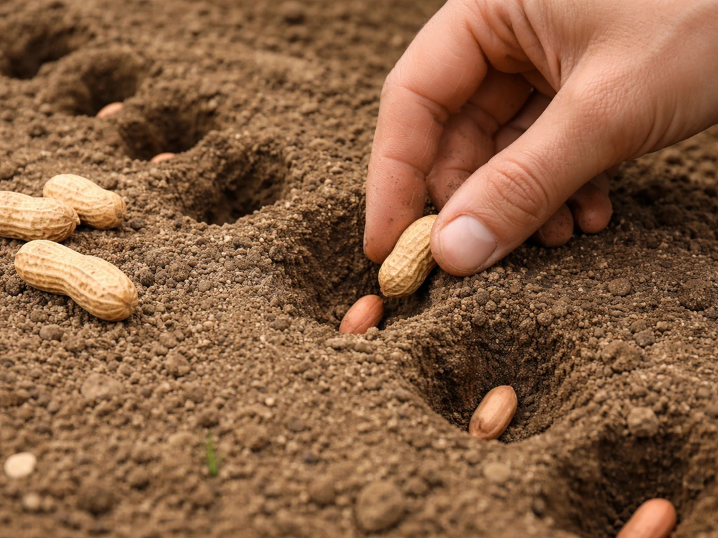 Gardener’s hands planting raw peanut kernels in loose sandy soil at even spacing and proper depth.