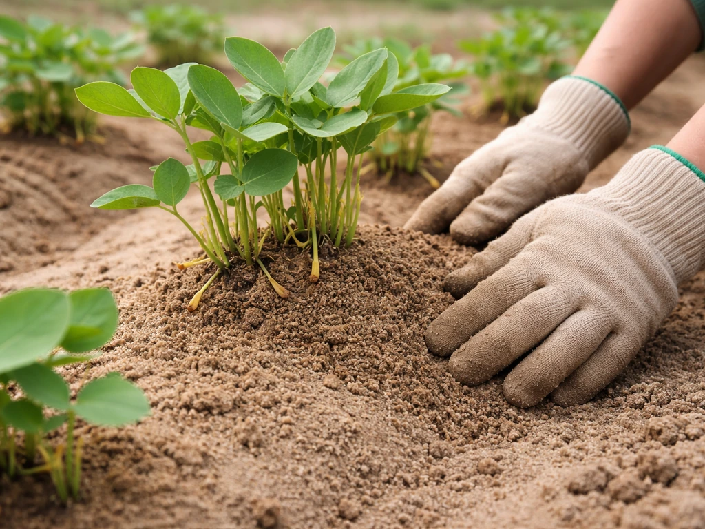 Hands mounding loose soil at the base of young peanut plants as pegs begin bending toward the ground.