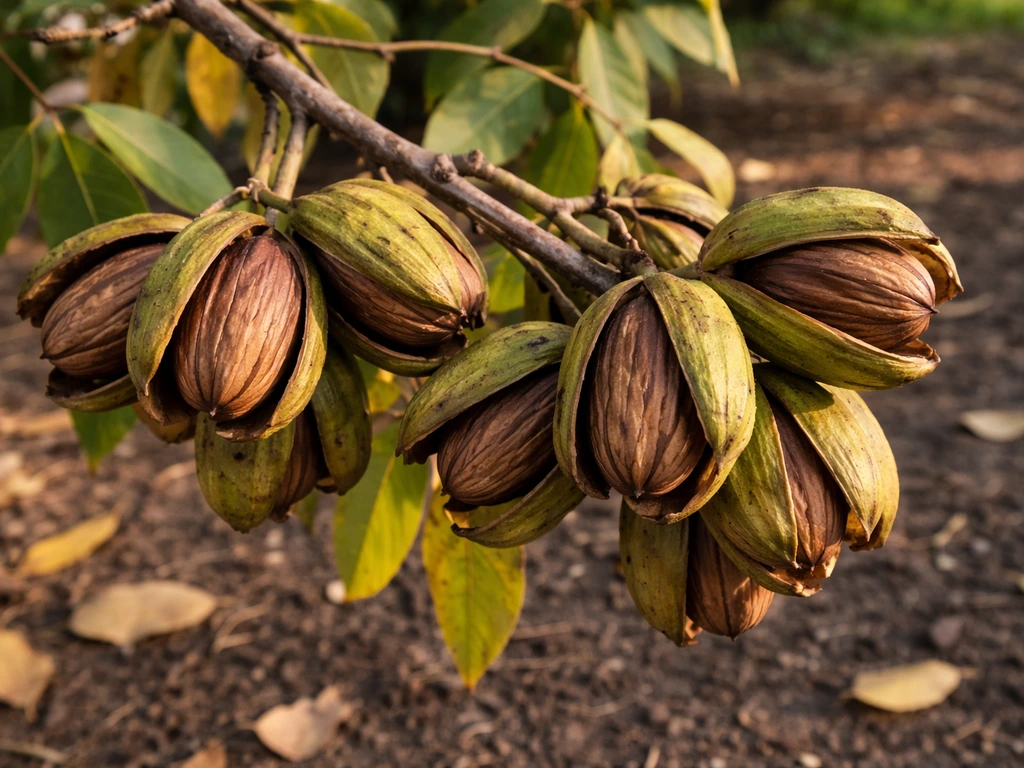 Close-up of pecan nut clusters with shucks split open on a branch outdoors