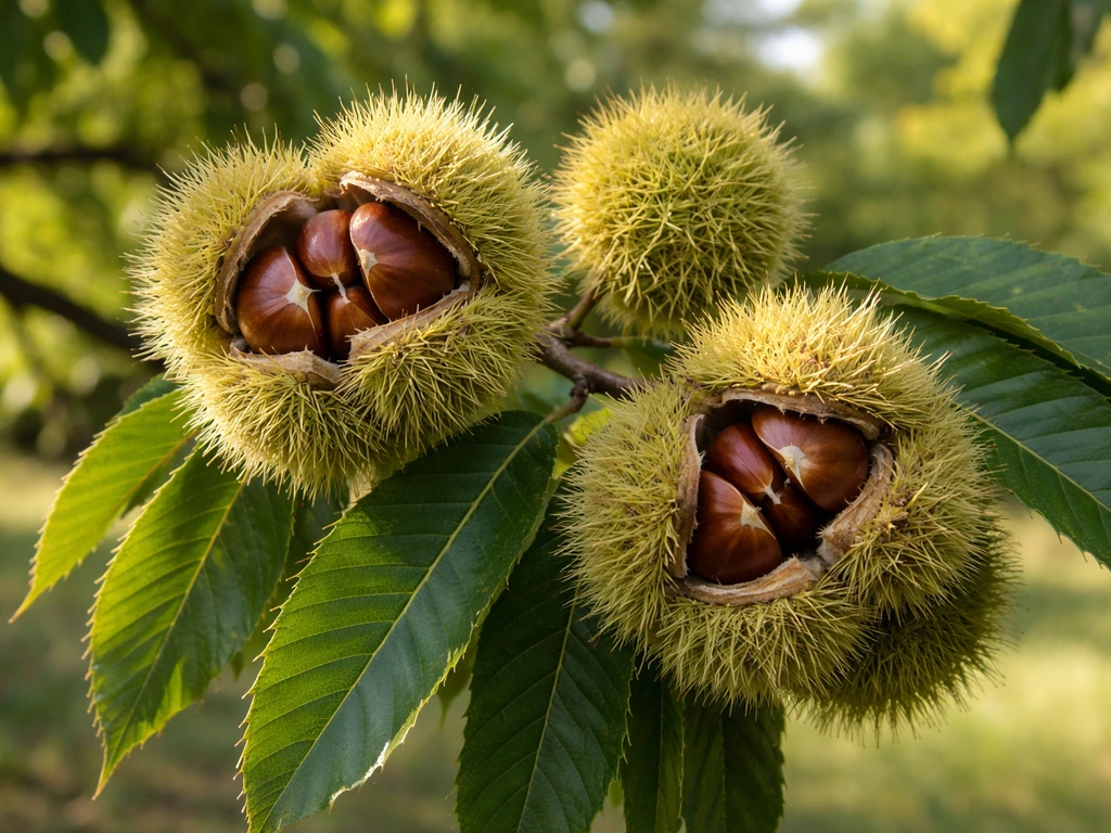 Close-up of Chinese chestnut burrs with developing chestnuts on a branch
