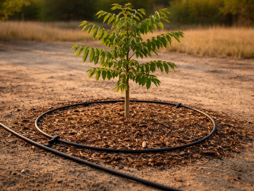 Newly planted young nut tree with drip irrigation/soaker hose at its base in warm dry soil