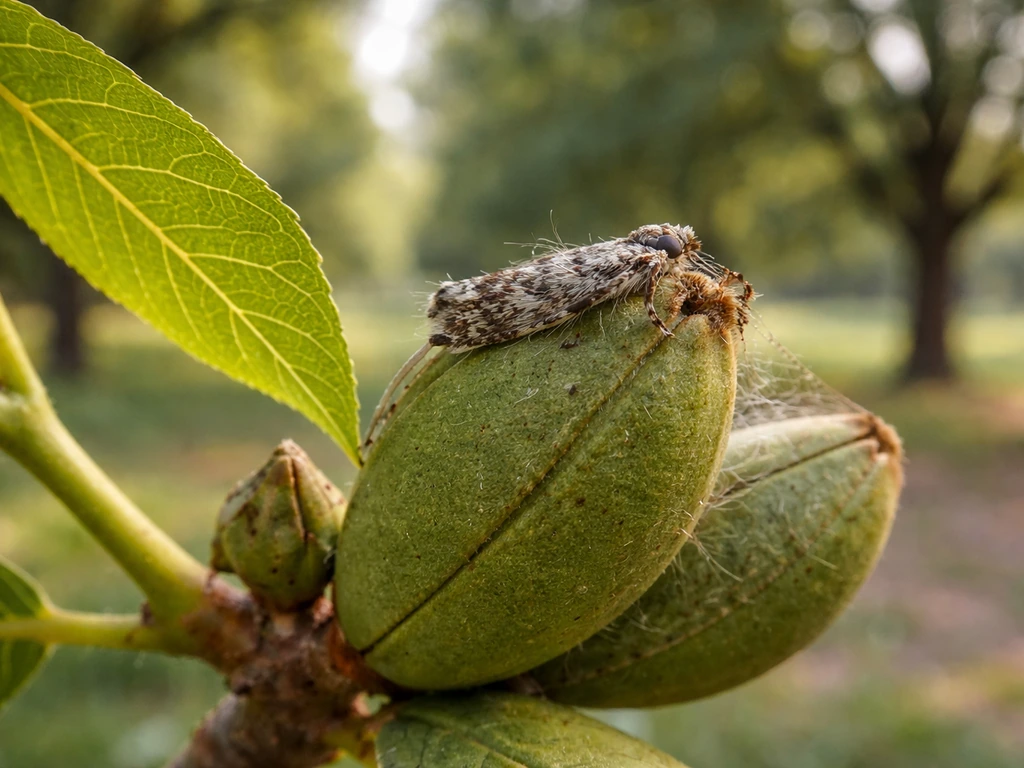 Close-up of pecan nut casebearer on a developing pecan nut and nearby young leaf in an orchard.