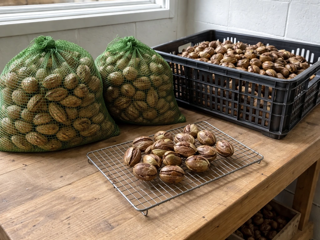In-shell pecans in breathable mesh bags and a vented crate beside a cooling rack in a cool storage room