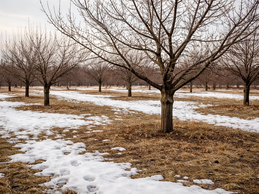 Leafless hardy nut trees with early spring buds in a snowy Zone 4 orchard, showing cold-hardiness.