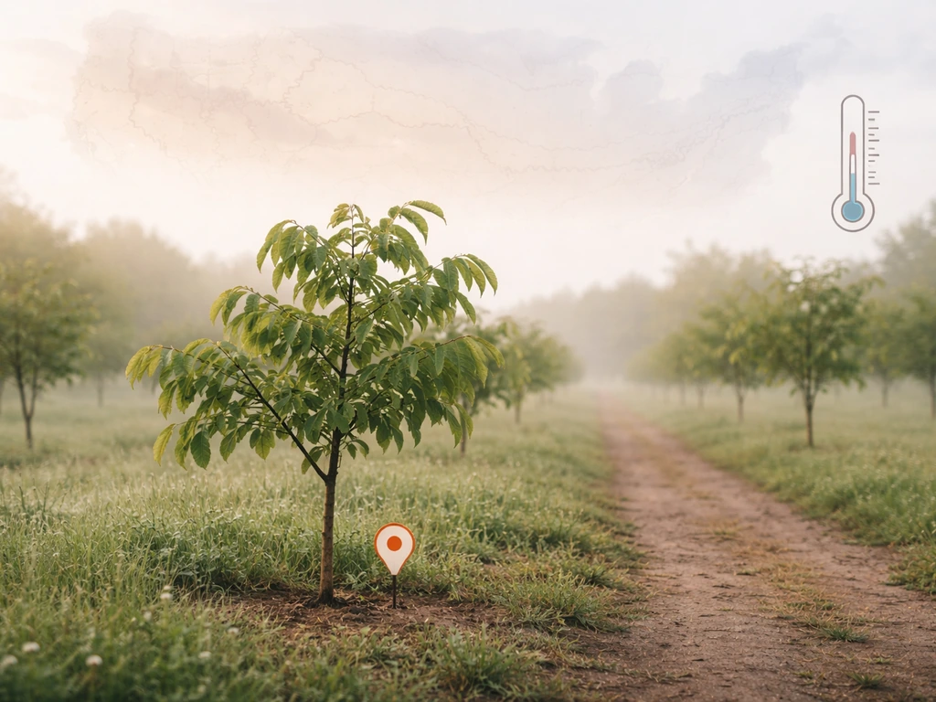 Minimal orchard scene with a small site marker and an extreme-minimum temperature thermometer graphic overlay