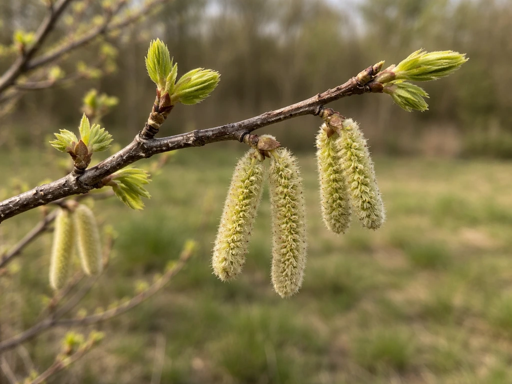 Close-up of a hazelnut branch with spring catkins and fresh green leaves outdoors