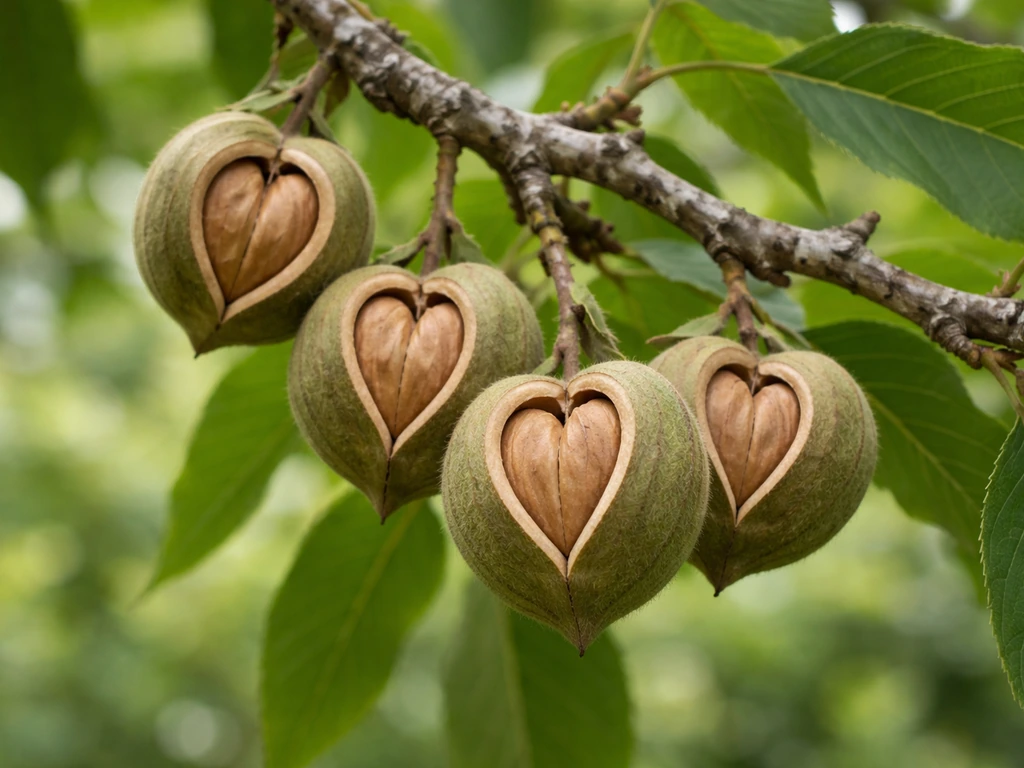 Close-up of a heartnut branch with heart-shaped walnuts, some partially split on the tree