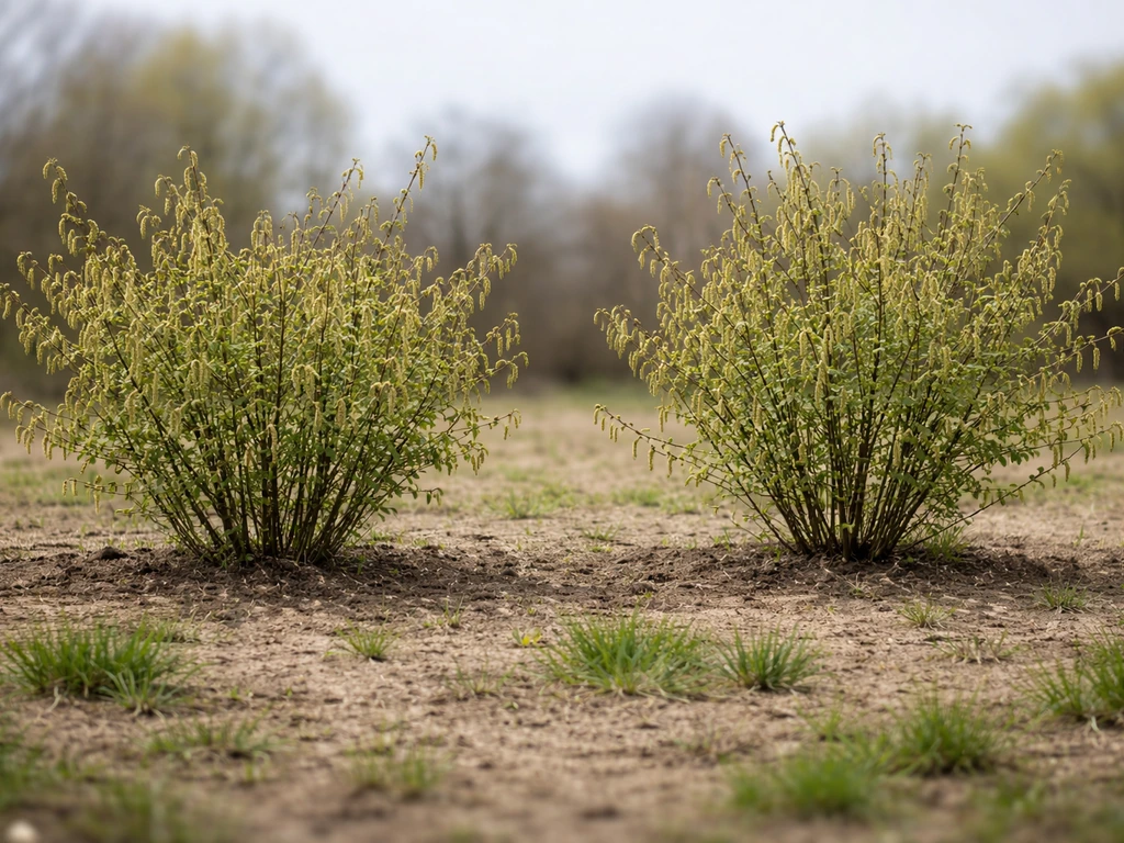 Two hazelnut shrubs side-by-side in a simple planting layout with catkins in a light breeze.