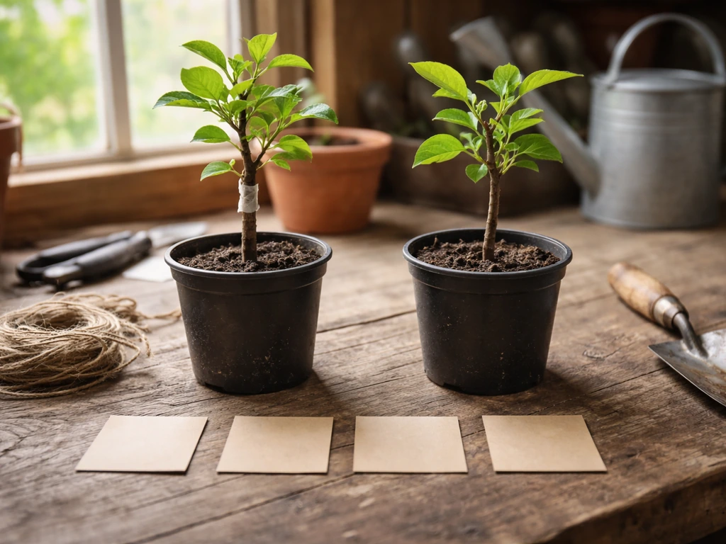 Two young potted fruit trees on a garden bench with blank stage cards suggesting a timeline to first nuts.