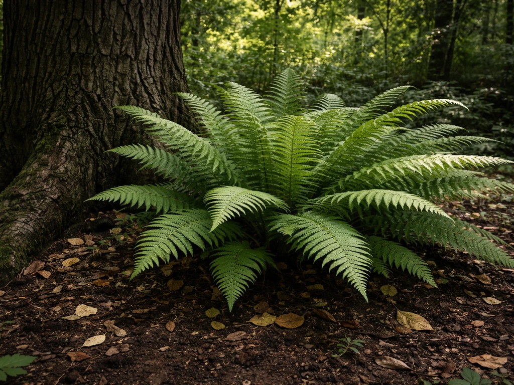 Lush woodland ferns growing in dappled shade beneath a black walnut tree.