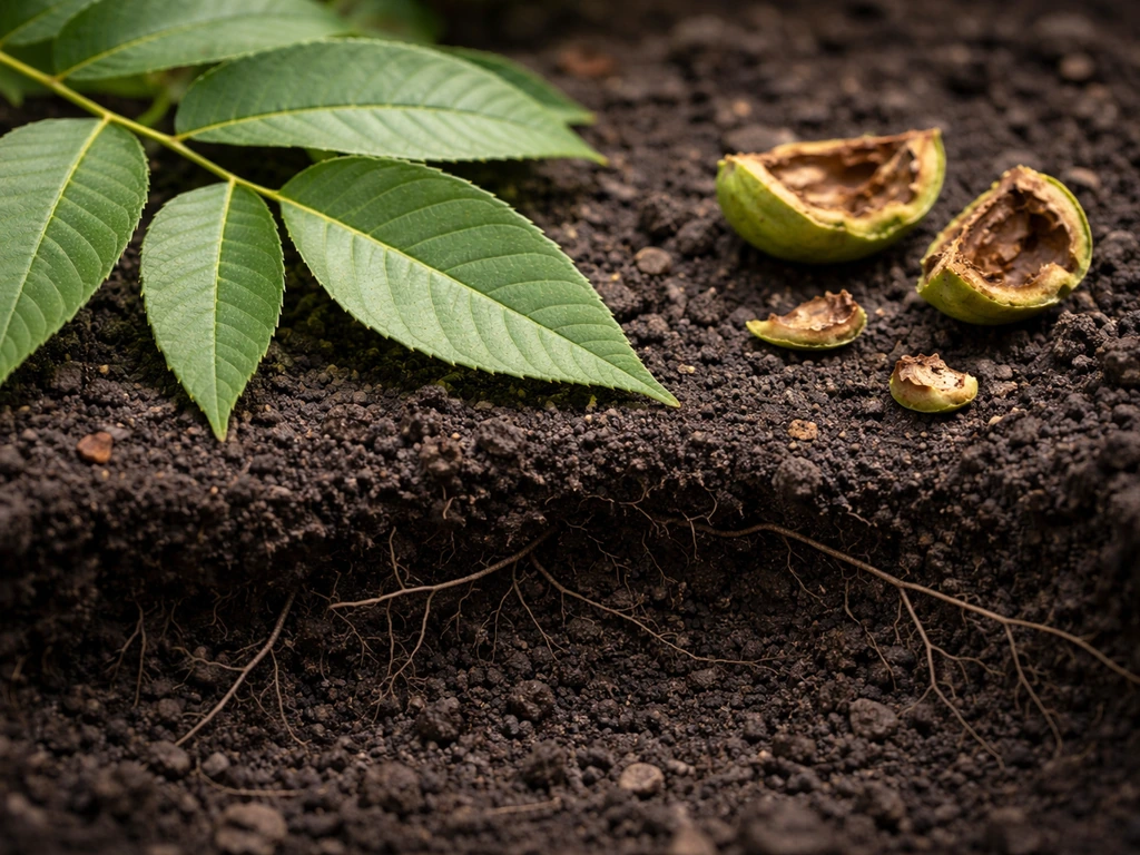 Close-up of black walnut leaves and hulls on soil with a subtle trench hinting at invisible root zone risk.