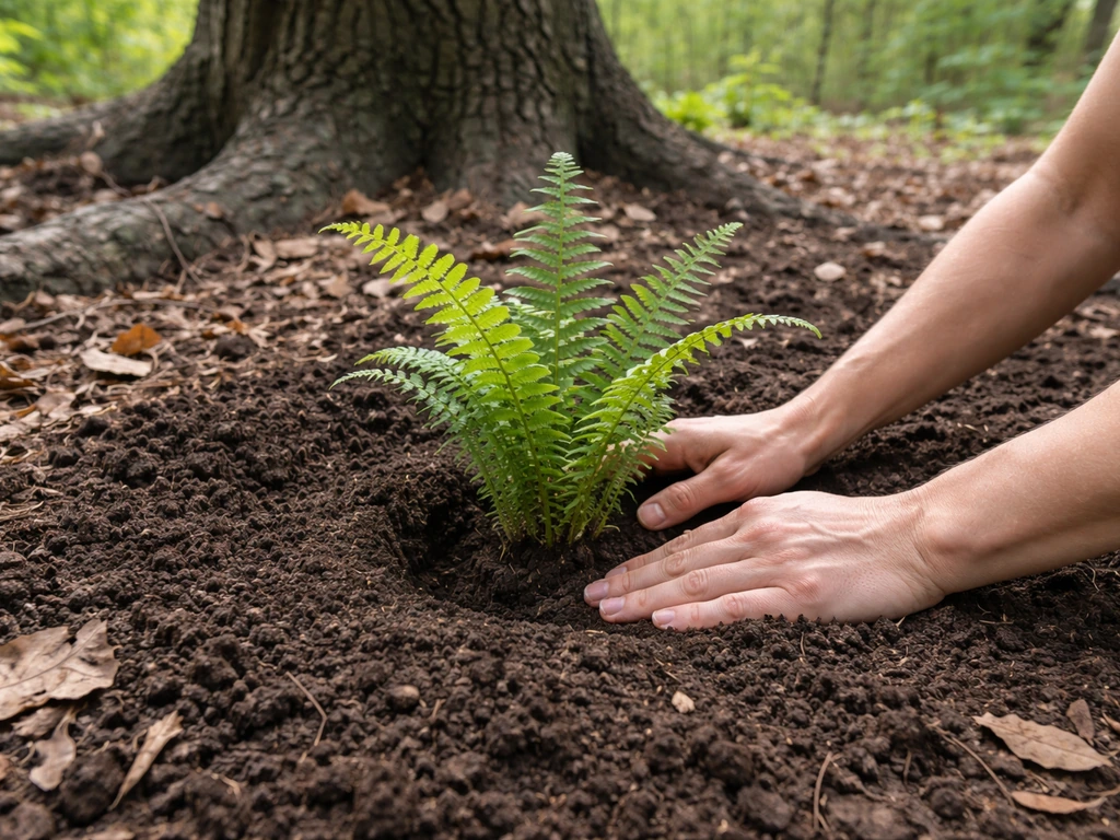 Hands place a fern crown into soil beneath a black walnut tree, showing proper planting depth.