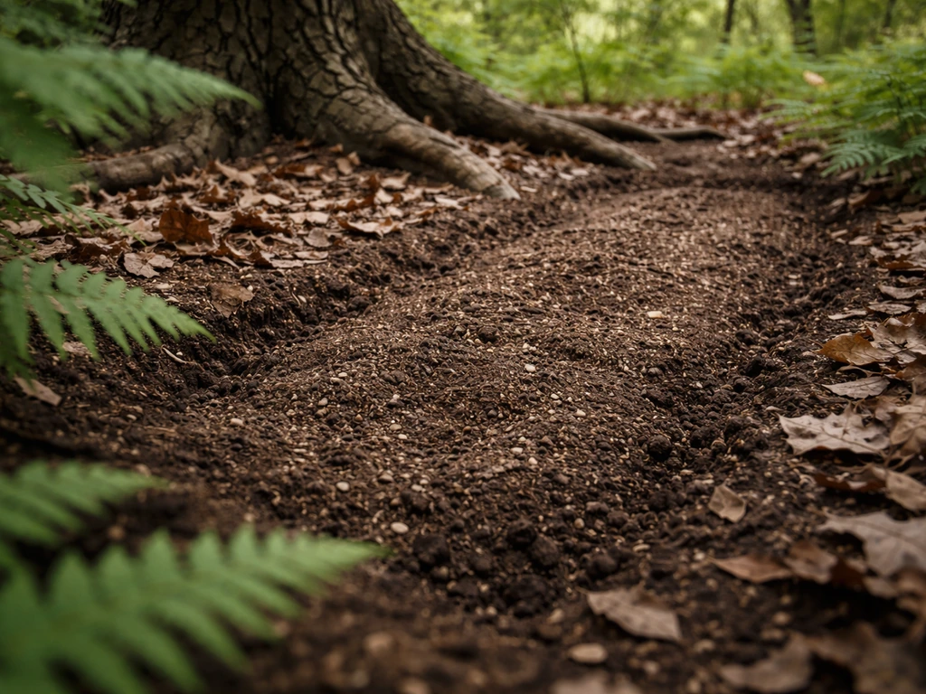 Woodland soil under a black walnut canopy, leaf litter cleared and fern-friendly mix lightly spread
