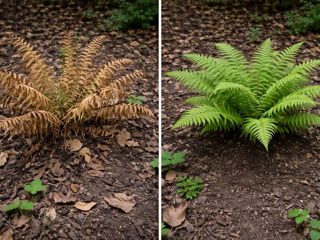 Two ferns under a walnut tree canopy: one browned, one fresher after moisture and cleanup