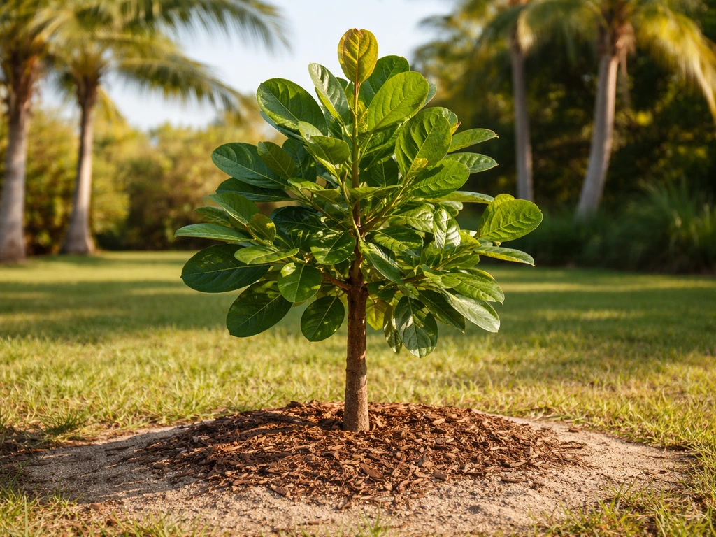 Young cashew tree thriving in a sunlit Florida backyard with palm trees in the background.