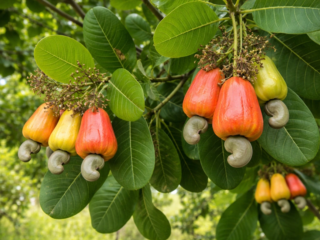 Cashew tree leaves with cashew apples and hanging cashew nuts in close-up canopy view.