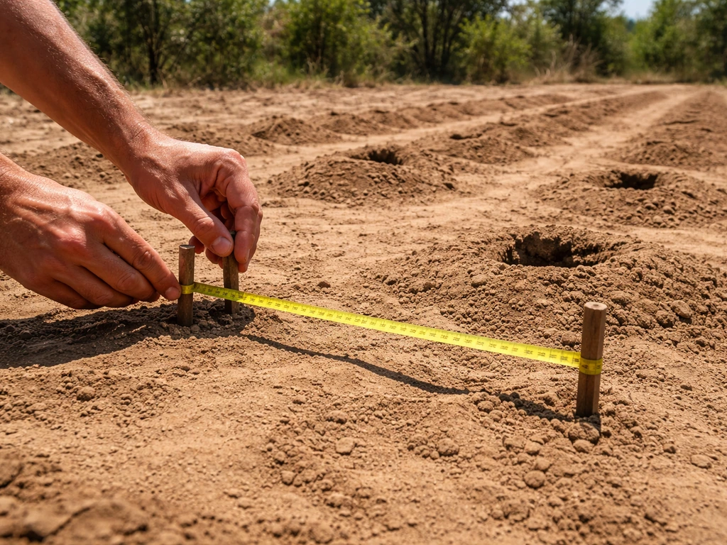Hands marking cashew planting spacing in sandy soil under bright full sun.