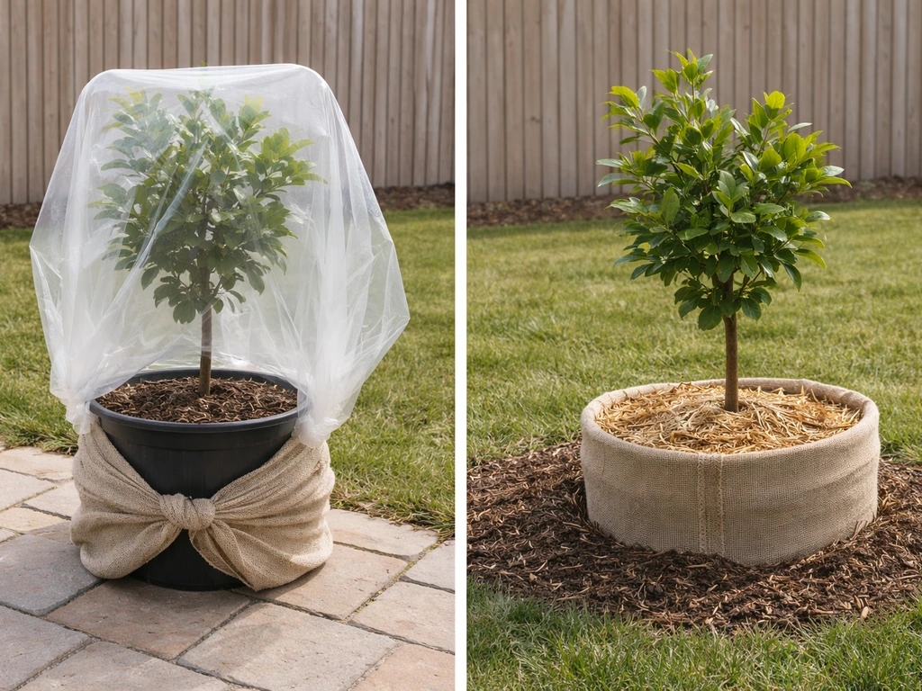 Split view of a potted cashew with winter cover versus an in-ground cashew with mulch and burlap protection.