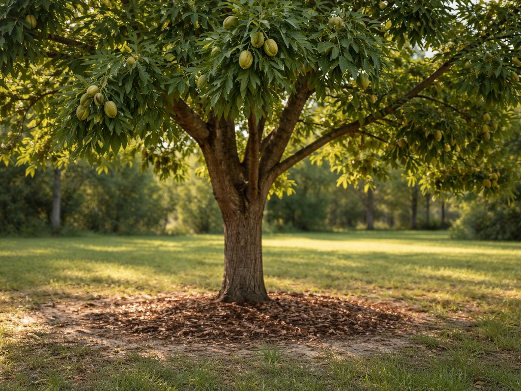 Healthy pecan tree in a central Florida yard with visible pecans in-shell hanging from low branches.