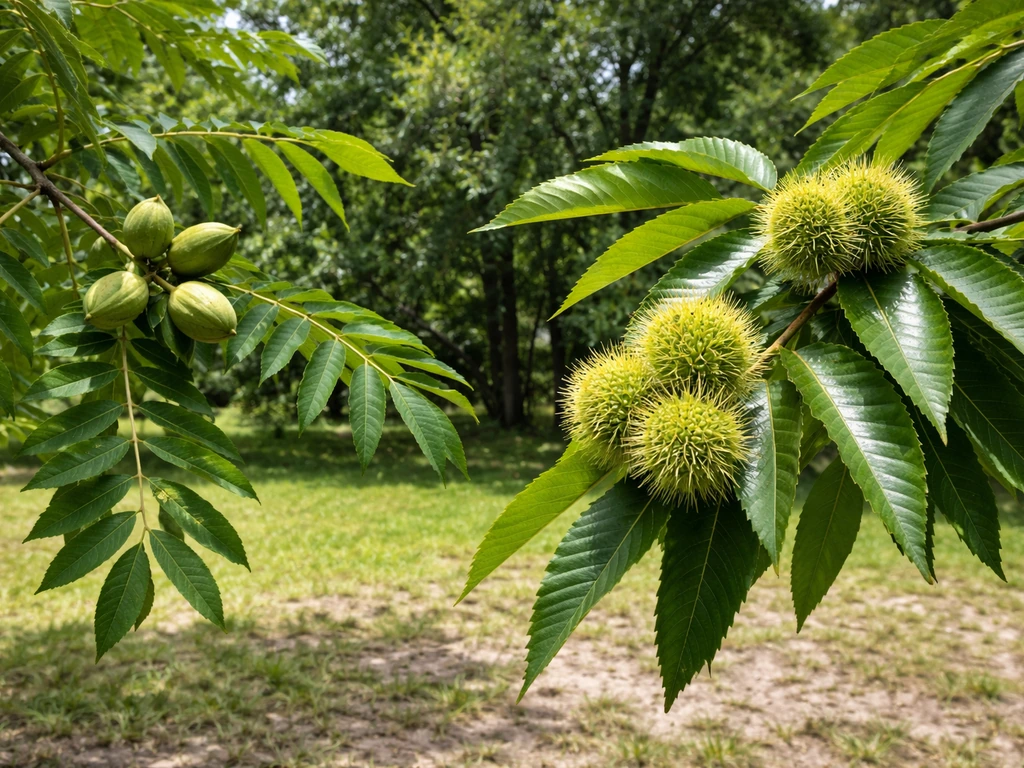 Pecan and Chinese chestnut branches with visible developing nuts/burs in a simple Florida yard.